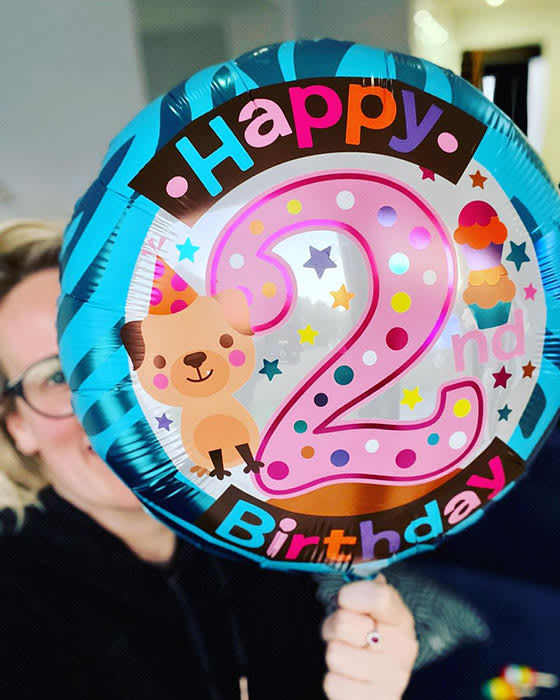 Steph McGovern holding a birthday balloon