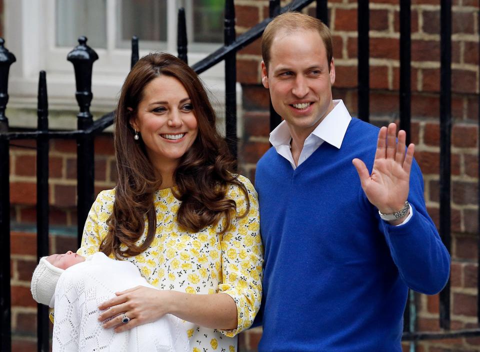 Prince William and Duchess Kate of Cambridge and their newborn baby princess, Charlotte, as they leave St. Mary's Hospital in London on May 2, 2015.