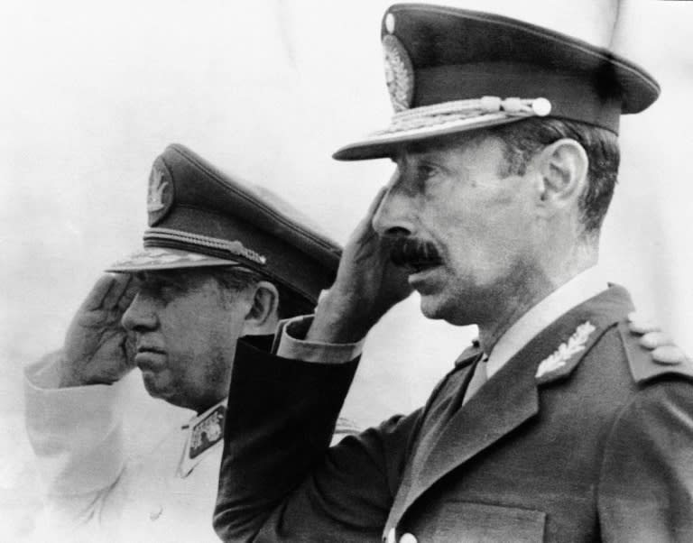 Photograph taken in Chile in 1978 of Chilean dictator (1973-90) general Augusto Pinochet (L) and his Argentine counterpart general Jorge Videla