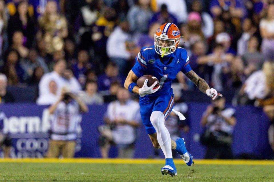 Nov 11, 2023; Baton Rouge, Louisiana, USA; Florida Gators wide receiver Ricky Pearsall (1) catches a pass against the LSU Tigers during the first half at Tiger Stadium. Mandatory Credit: Stephen Lew-USA TODAY Sports Stephen Lew/Stephen Lew-USA TODAY Sports