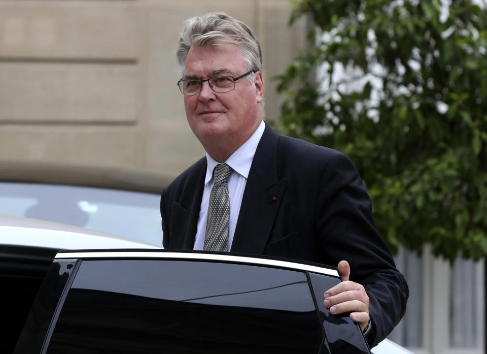 FILE - In this Sept.4, 2019 file photo, newly appointed French High Commissioner for Pension Reform Jean-Paul Delevoye, leaves the cabinet meeting at the Elysee Palace in Paris. The French government suffered a blow Monday as Jean-Paul Delevoye, the key architect of the pension overhaul, resigned over alleged conflicts of interests, on twelfth day of massive transport strikes against the planned changed. (AP Photo/Michel Euler, File)