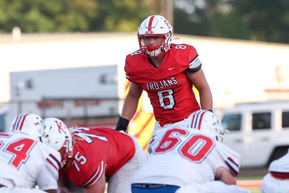 Center Grove's Owen Bright (8) prepares to defend as Oakland prepares to snap the ball during Center Grove vs Oakland (Tenn) high school varsity football, Aug 25, 2023; Greenwood, IN, USA; at Center Grove High School.