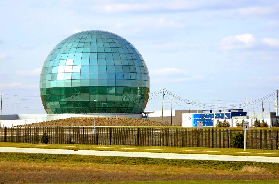 The 100-foot tall high performance computing data center globe at the Foxconn facility in Mount Pleasant on Monday, Nov. 14, 2022.