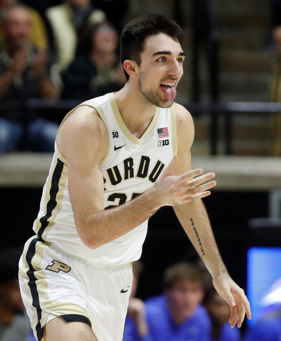 Purdue Boilermakers guard Ethan Morton (25) celebrates after making a shot during the NCAA men’s basketball game against the Hofstra Pride, Wednesday, Dec. 7, 2022, at Mackey Arena in West Lafayette, Ind. 