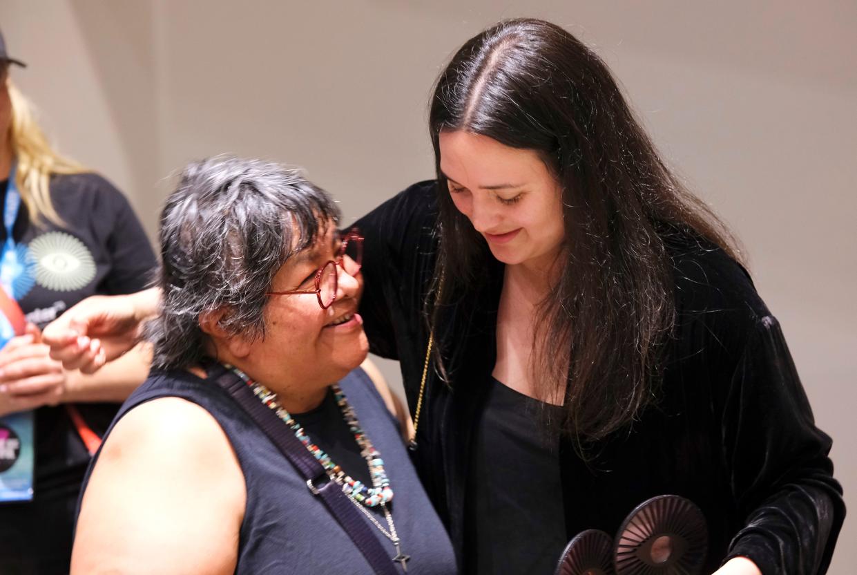 Lily Gladstone, right, greets fans June 11 after the 2023 deadCenter Film Festival's closing-night screening of her film "Fancy Dance" at First Americans Museum in Oklahoma City.