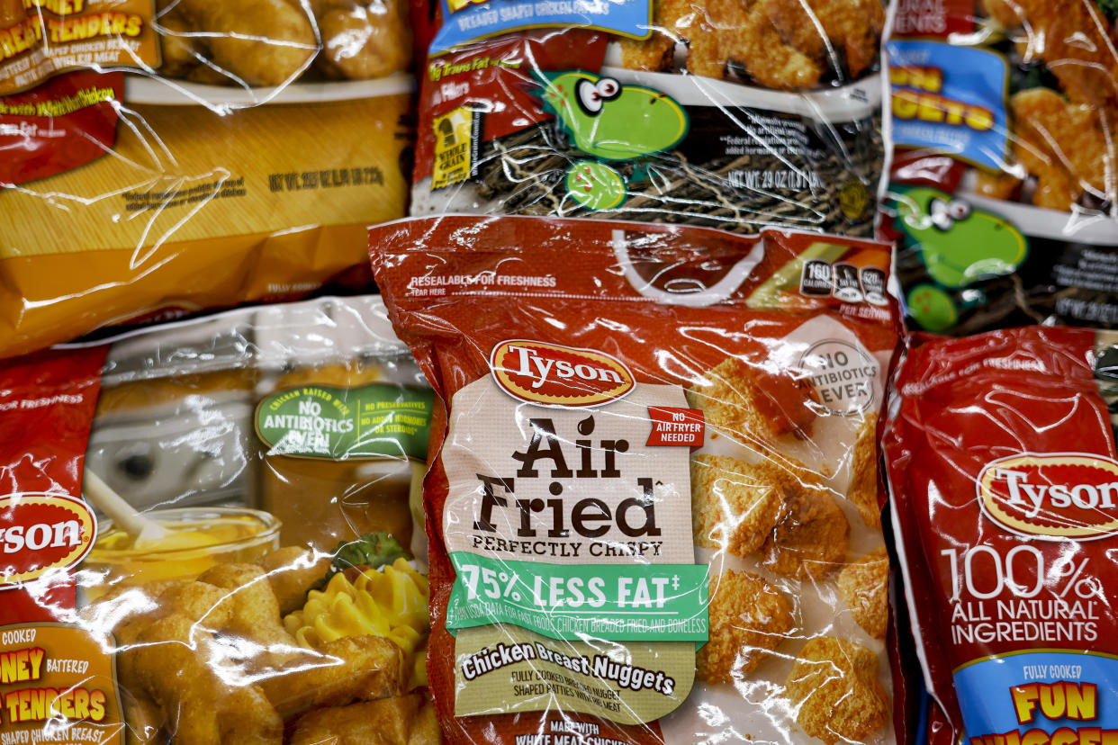 WASHINGTON, DC - AUGUST 08: Tyson Foods frozen chicken products sit in a refrigerated section of a Safeway store on August 08, 2023 in Washington, DC. Tyson Foods announced it would be closing four of its meat processing plants in the United States due to the slump in chicken revenue. (Photo by Anna Moneymaker/Getty Images)