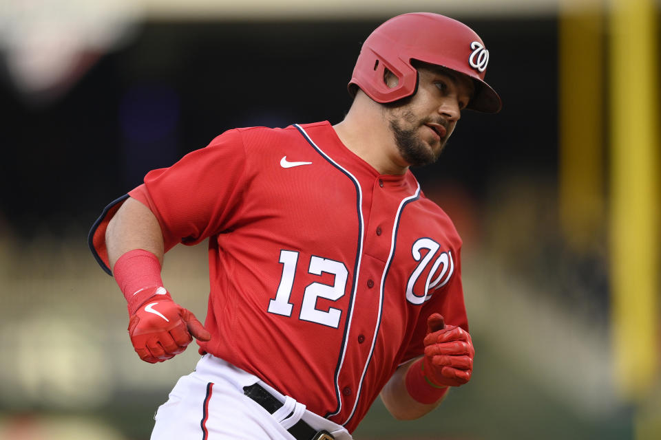 Washington Nationals' Kyle Schwarber runs the bases on his three-run home run during the fourth inning of the second baseball game of the team's doubleheader against the New York Mets, Saturday, June 19, 2021, in Washington. (AP Photo/Nick Wass)