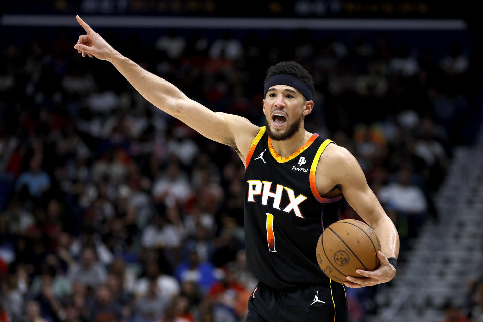 NEW ORLEANS, LOUISIANA - APRIL 01: Devin Booker #1 of the Phoenix Suns stands on the court during the fourth quarter of an NBA game against the New Orleans Pelicans at Smoothie King Center on April 01, 2024 in New Orleans, Louisiana. NOTE TO USER: User expressly acknowledges and agrees that, by downloading and or using this photograph, User is consenting to the terms and conditions of the Getty Images License Agreement. (Photo by Sean Gardner/Getty Images)