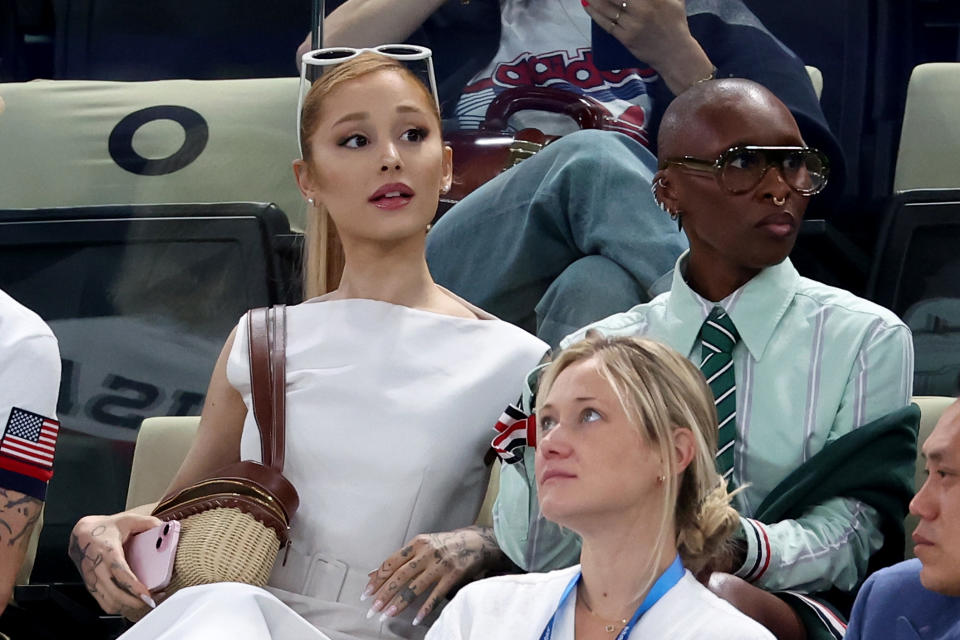 Ariana Grande and Cynthia Erivo attend the women's artistic gymnastics preliminaries on day two of the Paris 2024 Olympic Games at the Bercy Arena in Paris, France on July 28, 2024. (Photo by Ezra Shaw/Getty Images)