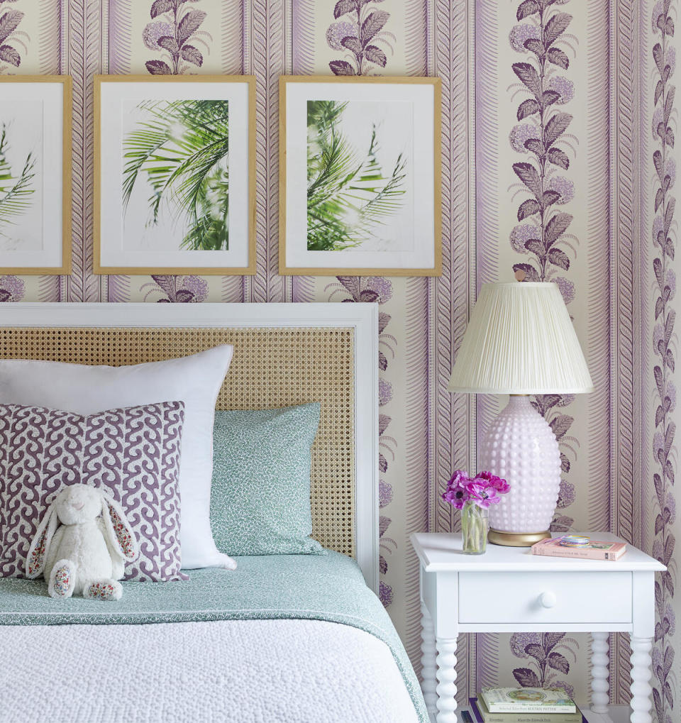 A plum wallcovering in a girl’s room is sweet but sophisticated