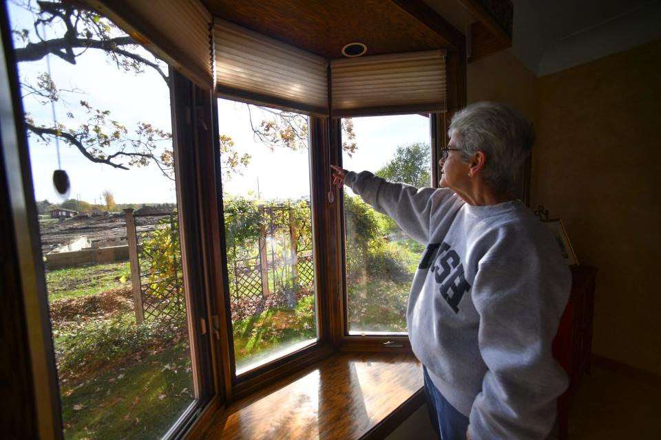 Diane Braegelman looks out the window of her living room on an area where neighbors used to live but is now under commercial development on River Oaks Lane Tuesday, Oct. 26, 2021, near Sartell.