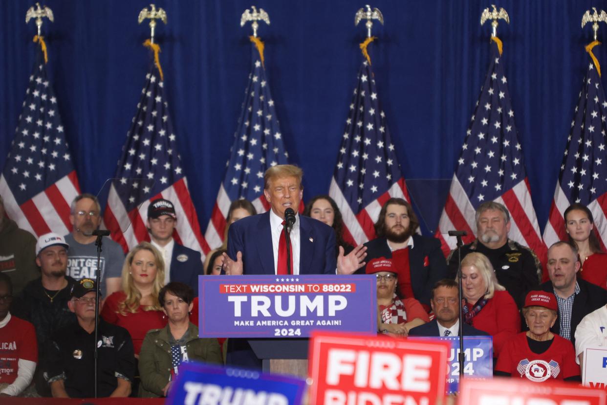 Former US President and 2024 presidential hopeful Donald Trump speaks during a campaign rally at the Hyatt Regency in Green Bay, Wisconsin, on April 2, 2024.