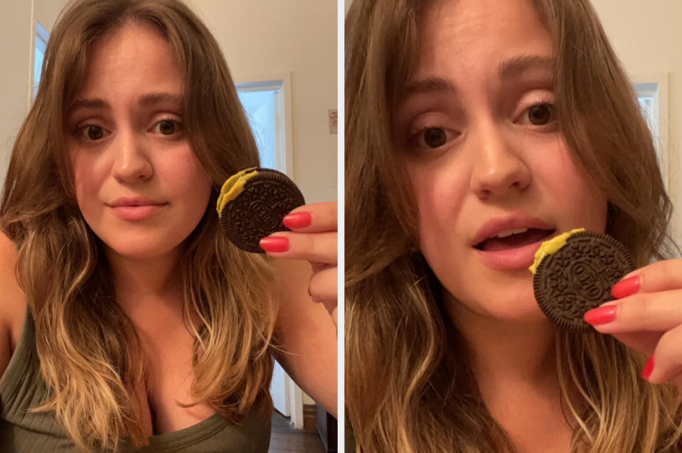 Hannah eating an Oreo dipped in mustard