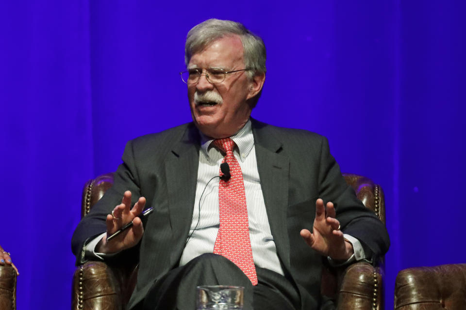 FILE - In this Feb. 19, 2020, file photo, former national security adviser John Bolton takes part in a discussion on global leadership at Vanderbilt University in Nashville, Tenn. An attorney for Bolton said Wednesday, June 10, that President Donald Trump is trying to put on ice publication of the former top administration official’s forthcoming memoir after White House lawyers again this week raised concerns that the book contains classified material that presents a national security threat. (AP Photo/Mark Humphrey, File)