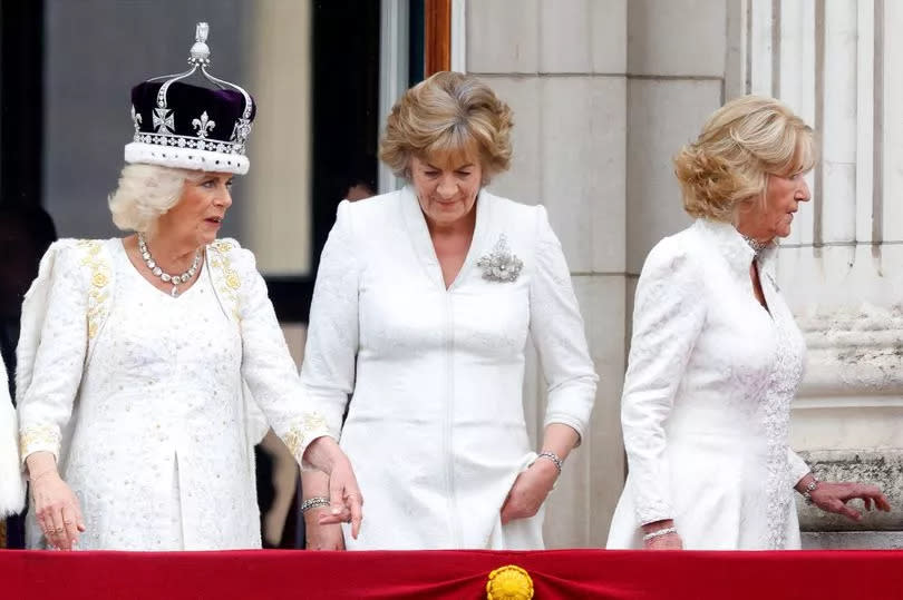 Queen Camilla with the Marchioness of Lansdowne (R) and her sister, Annabel Elliot