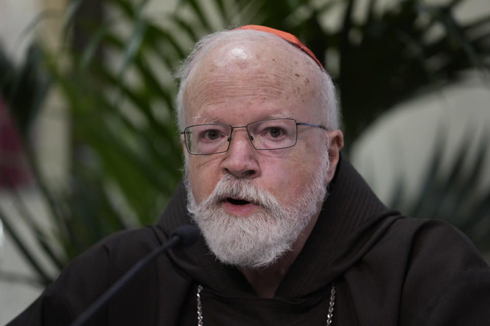 Boston Cardinal Seán Patrick O'Malley, head of the Pontifical Commission for the Protection of Minors, speaks at a press conference at The Vatican, Friday, April 29, 2022, after meeting with Pope Francis. Pope Francis called Friday for Catholic bishops conferences to create special centers to welcome victims of clergy sexual abuse to help them find healing and justice, as he warned that the faithful would continue losing trust in the hierarchy without more transparency and accountability. (AP Photo/Andrew Medichini)