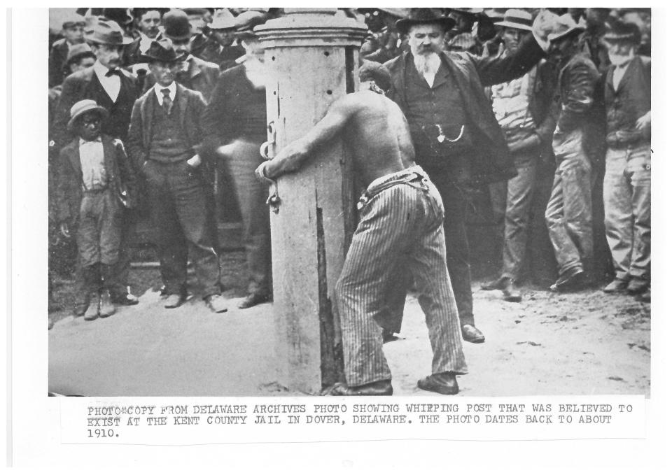 Photocopy from Delaware archives showing whipping post that was believed to exist at the Kent County Jail in Dover, Del. This photo dates back to about 1910.