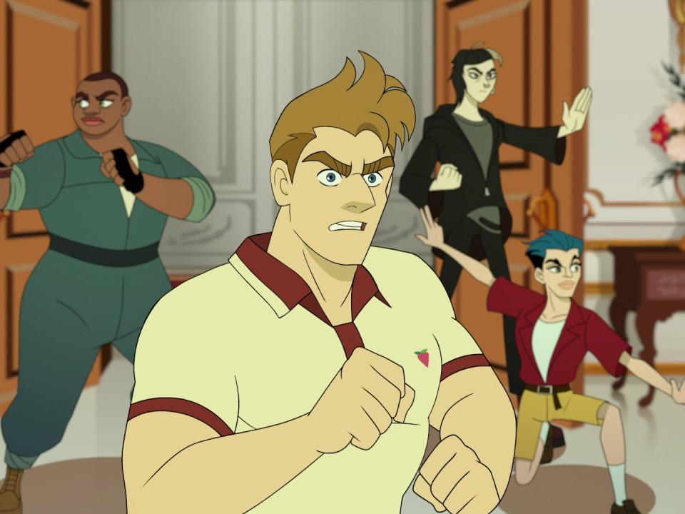 four animated secret agents burst into a room: a butch woman in a boiler suit, a man in a polo, a woman in black and grey clothes, and a man with shorts and dyed blue hair