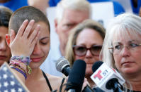 <p>Marjory Stoneman Douglas High School student Emma Gonzalez reacts during her speech at a rally for gun control at the Broward County Federal Courthouse in Fort Lauderdale, Fla., on Feb. 17, 2018. (Photo: Rhona Wise/AFP/Getty Images) </p>