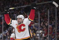 Calgary Flames' Milan Lucic celebrates his goal against the Vancouver Canucks during the third period of an NHL hockey game Saturday, Feb. 8, 2020, in Vancouver, British Columbia. (Darryl Dyck/The Canadian Press via AP)