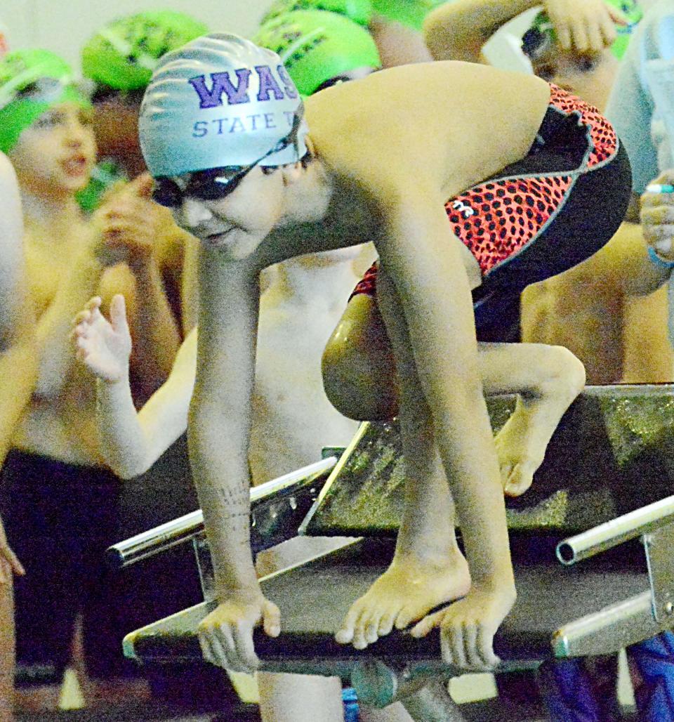 Fernando Enriquez of the Watertown Swim Club awaits the start of the 8-and-under boys 25-yard freestyle on Saturday, Feb. 25, 2023 during the South Dakota State Short Course 12-and-Under Swim Championships at the Prairie Lakes Wellness Center.