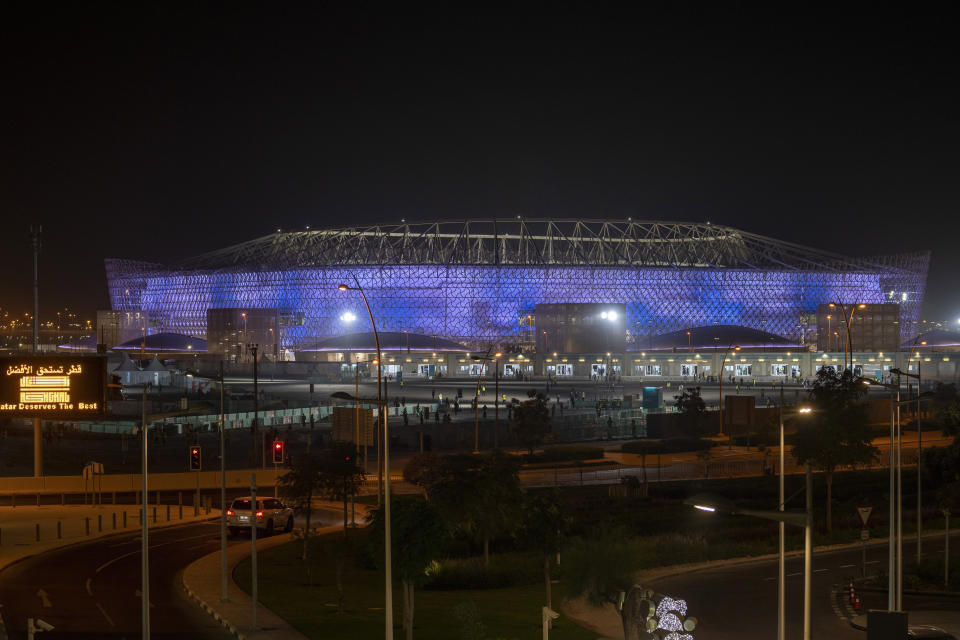 A general view of the Al-Rayan Stadium in Doha, Qatar, Monday, Dec. 6, 2021. Qatar has built eight stadiums for this World Cup and created an entire new city of Lusail where the final will be held. (AP Photo/Darko Bandic)