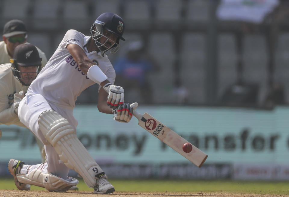 India's Axar Patel plays shot during the day two of their second test cricket match with New Zealand in Mumbai, India, Saturday, Dec. 4, 2021.(AP Photo/Rafiq Maqbool)