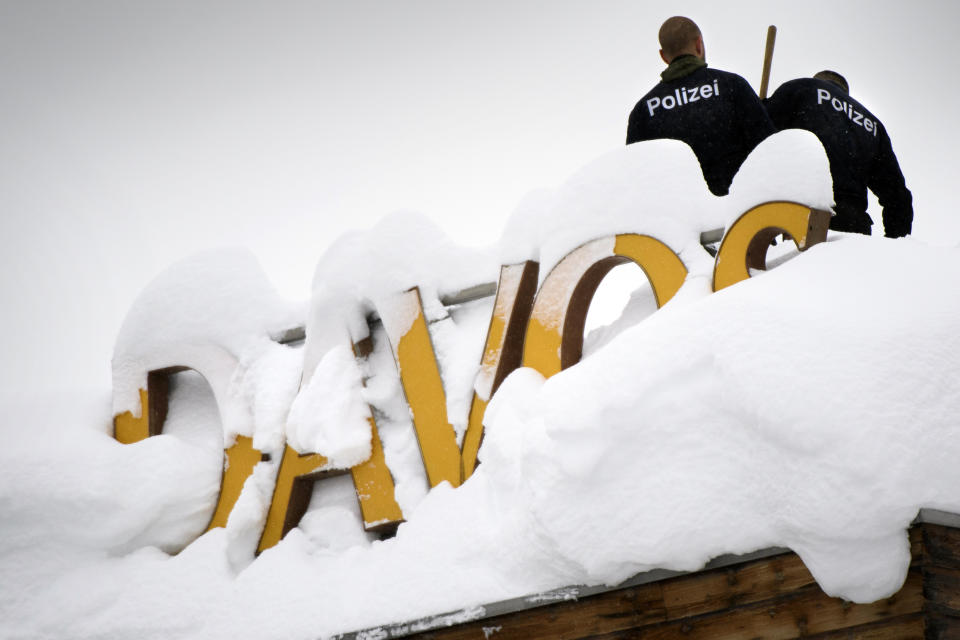 A heavy police presence is in place with world leaders set to arrive later this week in Davos (Laurent Gillieron/Keystone via AP)
