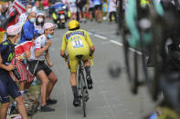 Slovenia's Primoz Roglic, who lost his overall leader's yellow jersey, competes during stage 20 of the Tour de France cycling race, an individual time trial over 36.2 kilometers (22.5 miles), from Lure to La Planche des Belles Filles, France, Saturday, Sept. 19, 2020. (AP Photo/Thibault Camus)