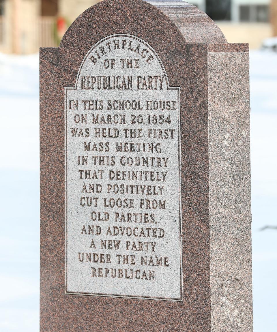 A monument stands outside the Little White Schoolhouse, also known as the Birthplace of the Republican Party, at 305 Blackburn St. in Ripon.