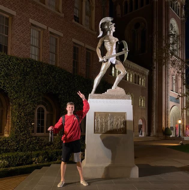 The author standing beside USC’s Tommy Trojan statue in October 2019.