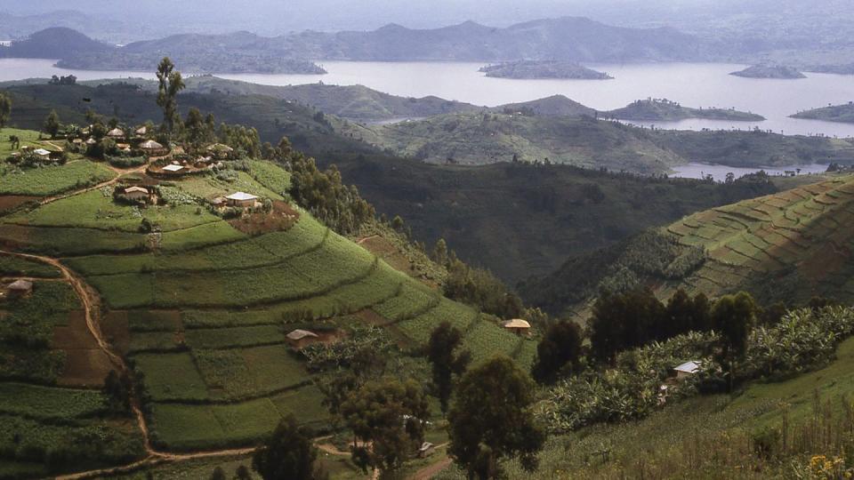 hilltop village overlooking lake ruhondo central highlands rwanda africa