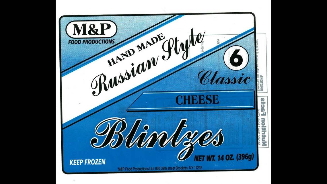 The label for M&P Cheese Blintzes