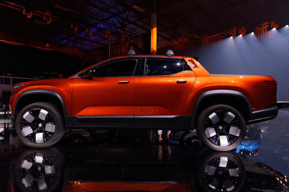 FILE PHOTO: Electric car company Fisker shows off its Alaska pickup truck in Huntington Beach, California, August 3, 2023.  REUTERS/Mike Blake/File Photo