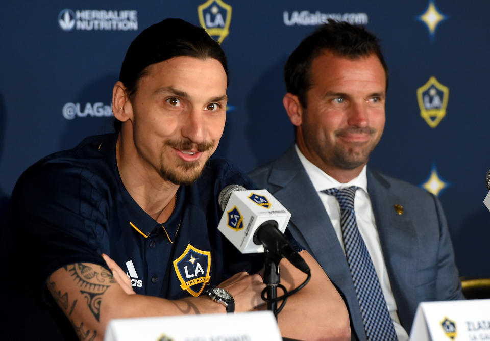Zlatan Ibrahimovic and LA Galaxy president Chris Klein. (Jayne Kamin-Oncea/Getty Images)