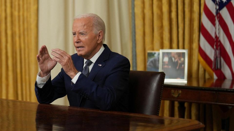 PHOTO: President Joe Biden delivers an address to the nation from the Oval Office of the White House in Washington, July 14, 2024. (Erin Schaff/Pool via Reuters)