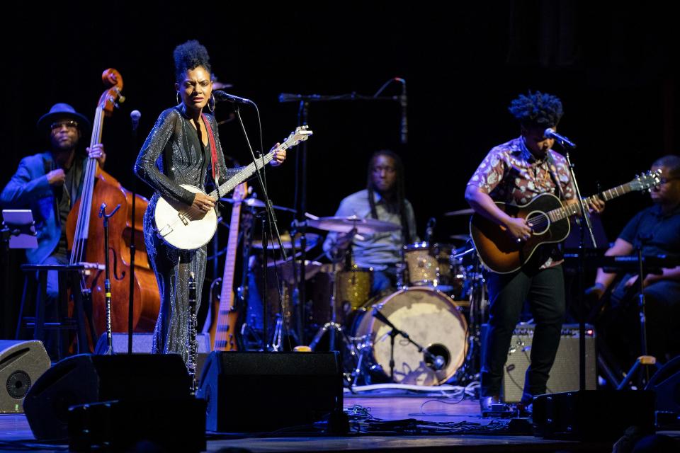 Allison Russell performs with the Fisk Jubilee Singers at the Ryman Auditorium in Nashville, Tenn., Tuesday, June 28, 2022.