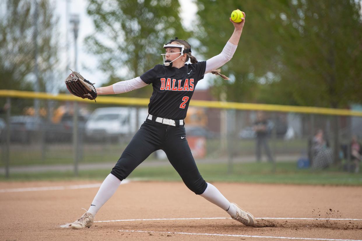 Dallas' Kadence Morrison (2) pitches during a league matchup at Silverton High School on Wednesday, April 24, 2024, in Silverton, Ore.