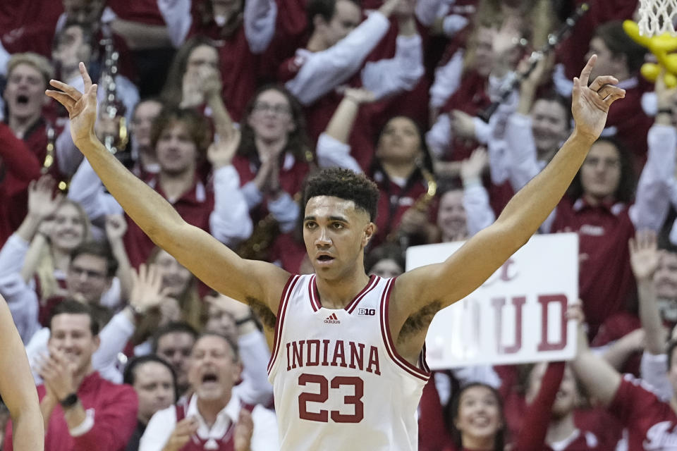 Indiana's Trayce Jackson-Davis reacts after a dunk during the second half of an NCAA college basketball game against Michigan State, Sunday, Jan. 22, 2023, in Bloomington, Ind. (AP Photo/Darron Cummings)