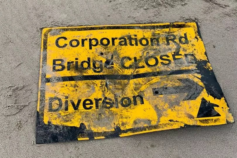 A closer look at the Corporation Bridge roadworks sign that washed up in Denmark