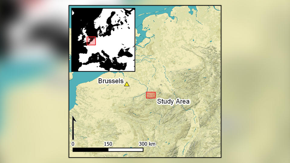 Map of Battle of the Bulge site terrain with shaded gradation derived from the 15cm DTM.