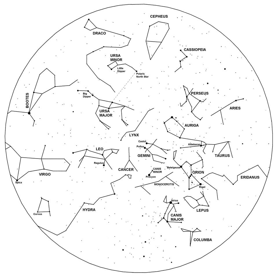 The map shows the sky at 11 p.m. early in the month, 10 p.m. in the middle of the month, and 9 p.m. at the end of the month. [Map produced using Night Vision star mapping software]