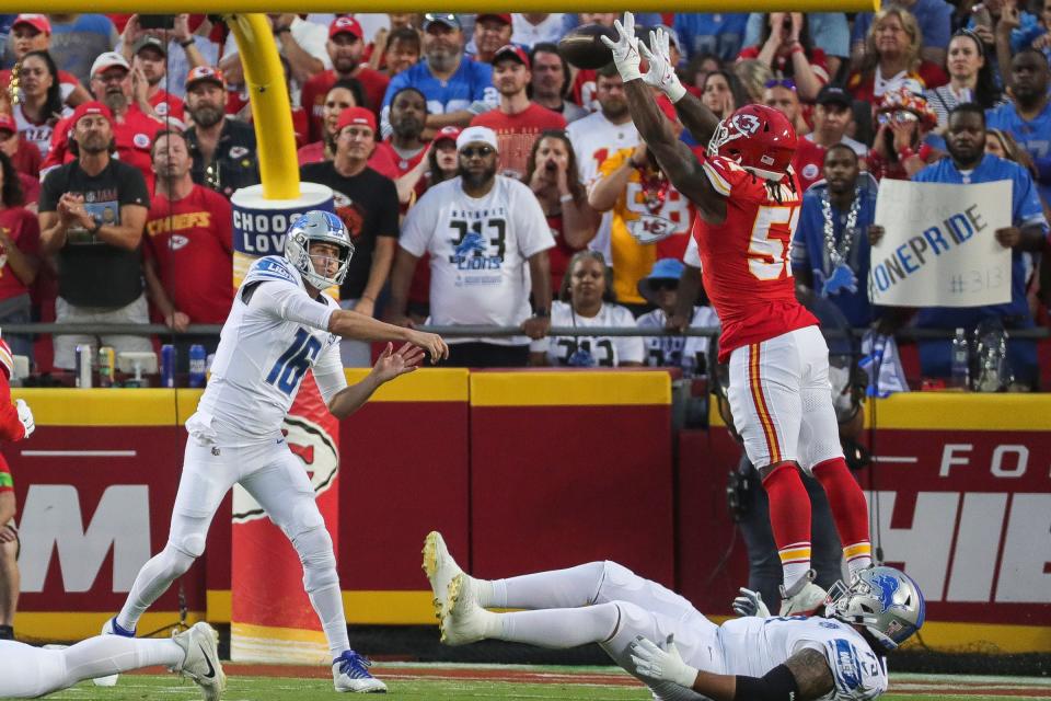 Kansas City Chiefs defensive end Mike Danna (51) blocks a pass made by Detroit Lions quarterback Jared Goff (16) during the first half at Arrowhead Stadium in Kansas City, Mo. on Thursday, Sept. 7, 2023.