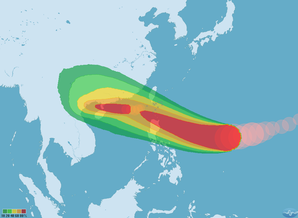 第22號颱風山竹暴風圈侵襲機率圖。（取自中央氣象局網站）