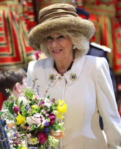 <p>Chris Jackson/Getty Images</p> Queen Camilla has pledged not to wear real fur in a letter to PETA