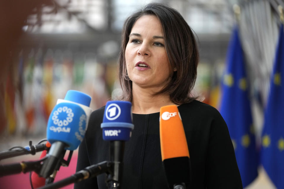 Germany's Foreign Minister Annalena Baerbock speaks with the media as she arrives for a meeting of EU foreign ministers at the European Council building in Brussels on Monday, March 20, 2023. European Union foreign ministers on Monday will discuss the situation in Ukraine and Tunisia. (AP Photo/Virginia Mayo)