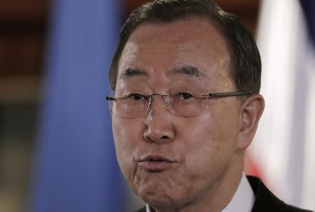 United Nations Secretary-General Ban Ki-moon speaks to the media in San Jose July 30, 2014. Ban arrived in Costa Rica on Wednesday morning where he is expected to hold talks about the environment, health and economy. REUTERS/Juan Carlos Ulate