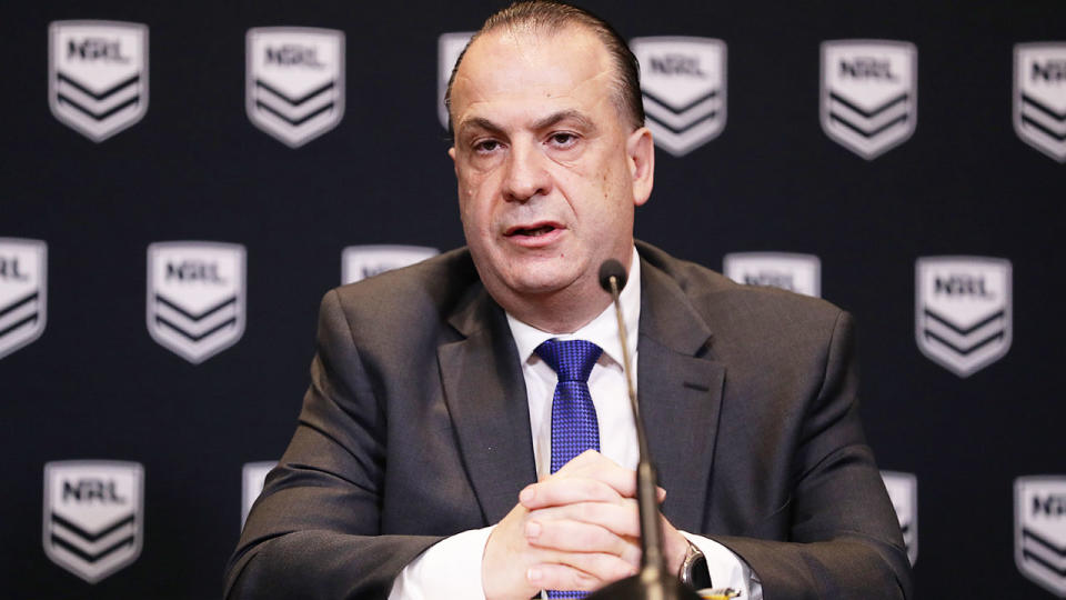 Pictured here, ARLC chairman Peter V'landys at an NRL press conference.