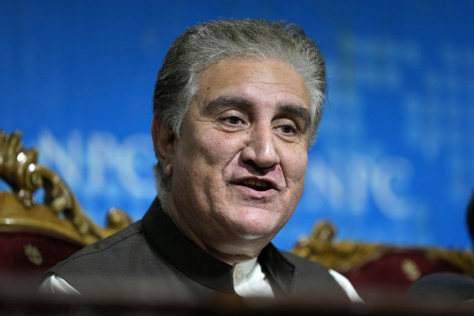 FILE - Shah Mahmood Qureshi, a top leader of Pakistan's former Prime Minister Imran Khan's Pakistan Tehreek-e-Insaf party gives a press conference in Islamabad, Pakistan, on Aug. 7, 2023. A Pakistani court on Tuesday, Jan. 30, 2024 sentenced Khan and one of his party deputy Qureshi to 10 years in prison each, after finding them guilty of revealing official secrets. (AP Photo/Anjum Naveed,File)