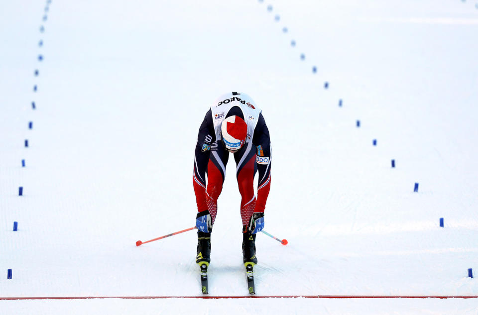 <p>Second placed Norway’s Martin Johnsrud Sundby crosses the finish line of the men’s skiathlon 15 km classic and 15 km free competition at the 2017 Nordic Skiing World Championships in Lahti, Finland, Saturday, Feb. 25, 2017. (AP Photo/Matthias Schrader) </p>